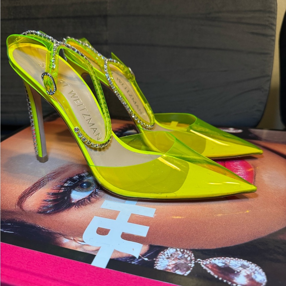 Stuart Weitzman Glam Neon Yellow Crystal Heels - Picture 2 of 9